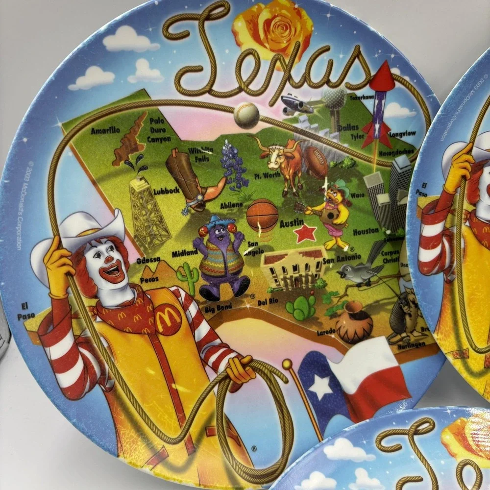 Vintage 2003 McDonald's Texas Map Ronald McDonald Colorful Plastic Plates Set 3‎